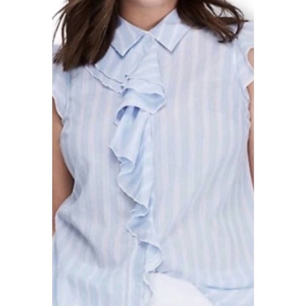 Lane Bryant Blue White Pinstripe Button Down Flutter Sleeve Shirt